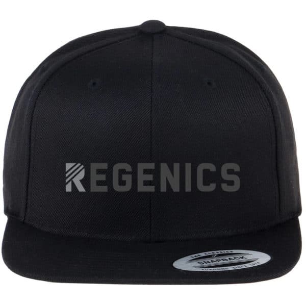 A black snapback hat with the word regenics on it.