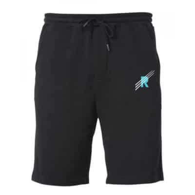 A black short with a blue logo on it.