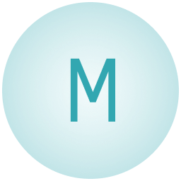 A large teal circle with the letter "M" centered in a darker shade.