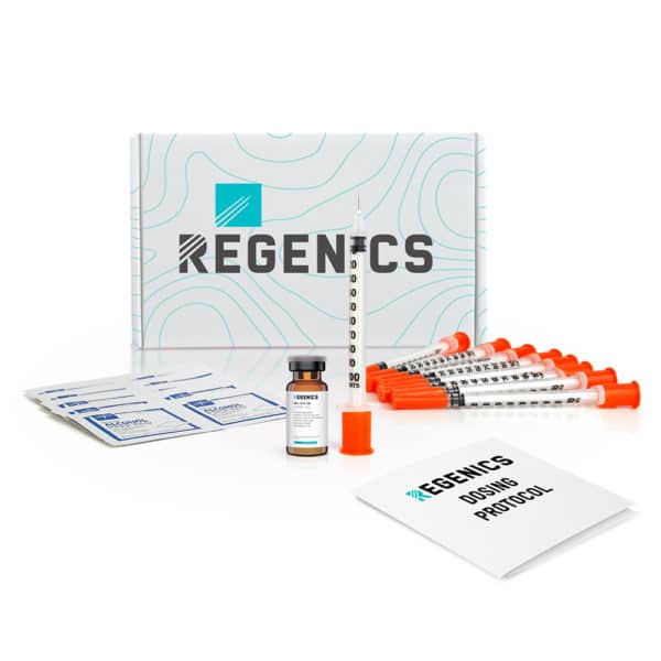 Regenics at home injection kit with NAD+ Injections, syringes, alcohol pads, and dosing instructions.