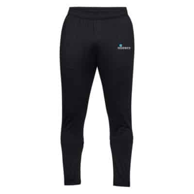 A black jogging pant with a logo on it.