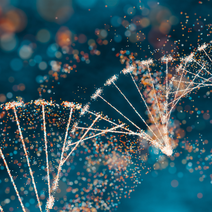 An abstract image shows a glowing DNA double helix strand on a blue background with scattered bright particles, evoking the transformative potential associated with NAD+ Injections.