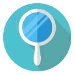 A magnifying glass icon on a blue background.