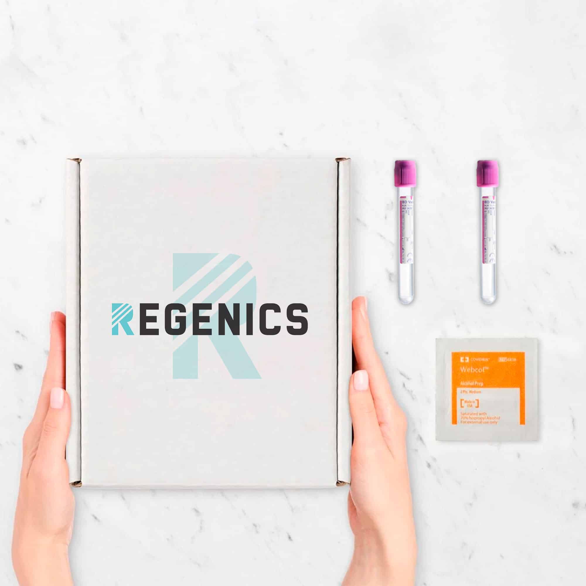 A hand holding a box with the words rgenics on it for FOOD SENSITIVITY TESTING.