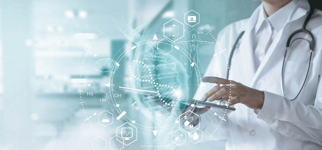 A female doctor is holding a tablet with a stethoscope in a REGENICS consultation.