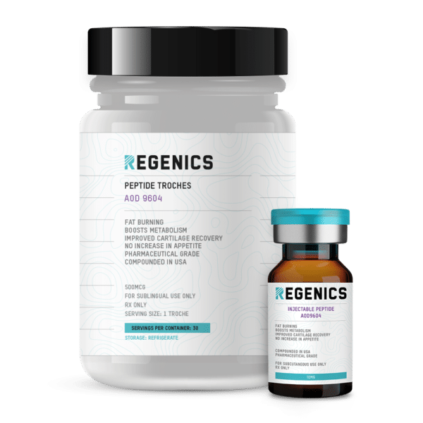 Regenics bottle of injectable AOD 9604 and a bottle of 30 AOD 9604 troches for weight loss, fat burning, and increased metabolism