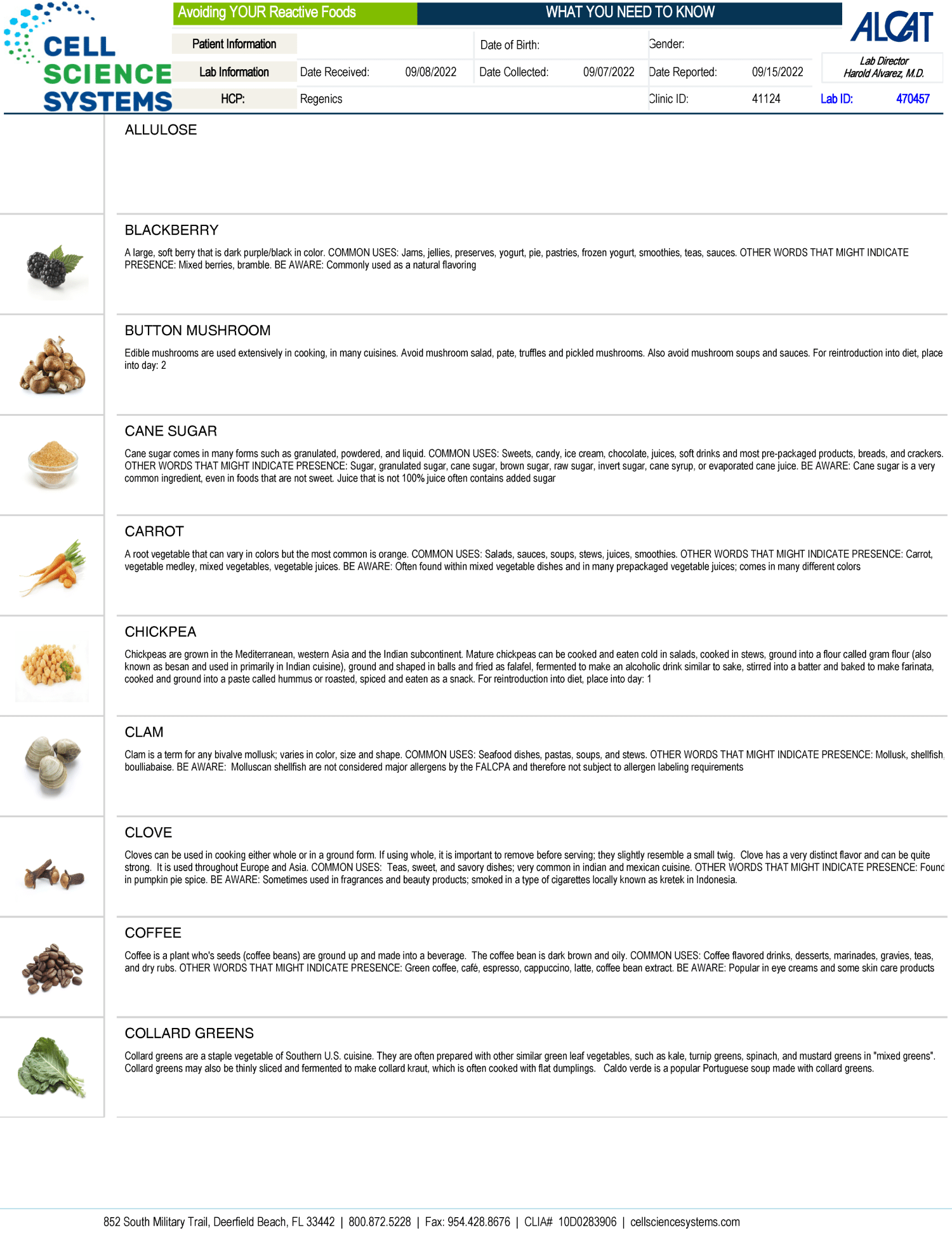 A screen shot of a page showing different types of foods for FOOD SENSITIVITY TESTING.