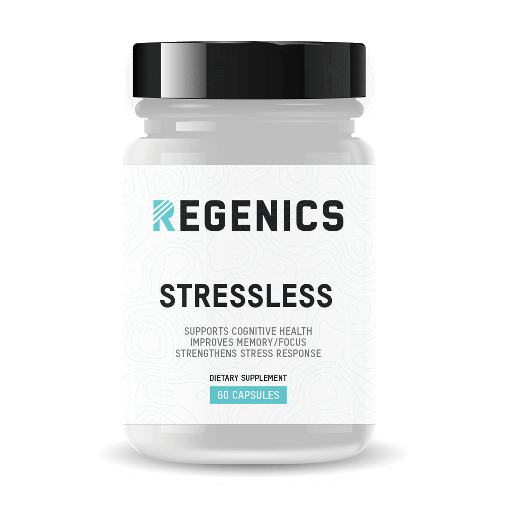 A bottle of genics stressless, a high stress synonym, on a white background.