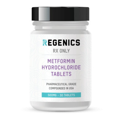 A bottle of regenics only metformin hydrochloride tablets.