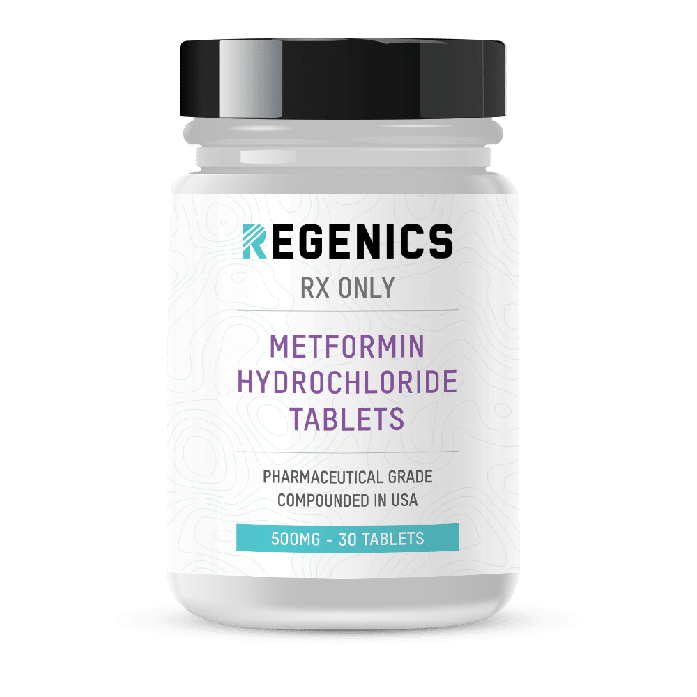 A bottle of regenics only metformin hydrochloride tablets.