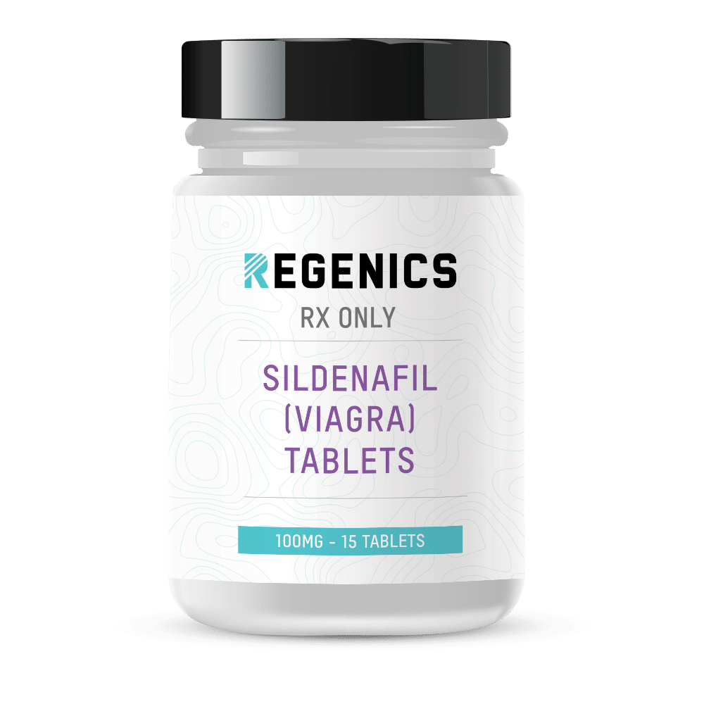 A bottle of regenics slideflil maga tablets, formulated with Sildenafil (Viagra) for enhanced performance.