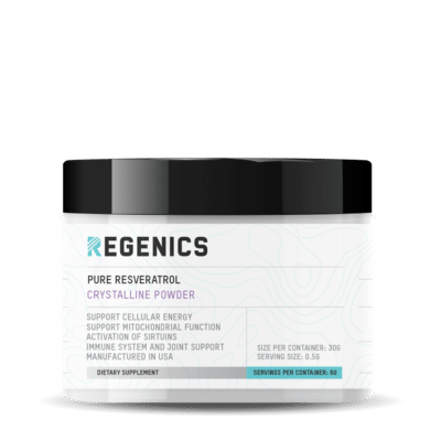 A white jar labeled "Pure Resveratrol" showcases this resveratrol supplement, promoting cellular energy, immune support, and providing 60 servings per container.