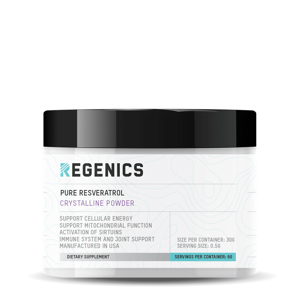 Pure Resveratrol A white jar labeled "Pure Resveratrol" showcases this resveratrol supplement, promoting cellular energy, immune support, and providing 60 servings per container.