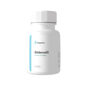 A bottle of regenics sildenafil tablets, formulated with Sildenafil (Viagra) for enhanced performance.