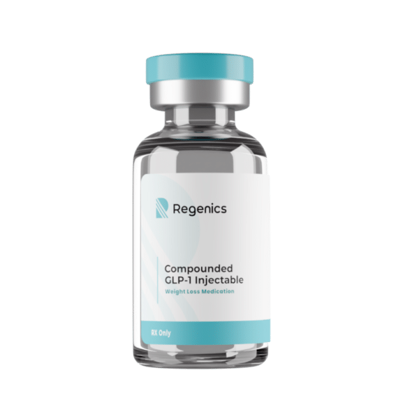 The product, a white and blue "Semaglutide" vial labeled "Regenics Injectable Compounded Semaglutide, Multiple Dose Vial, Rx Only," aids in weight loss and resembles Ozempic. However, the cost of semaglutide may differ.