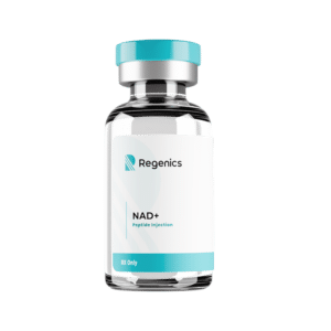 A vial of NAD+ therapy medication with a label listing its uses and dosage recommendations, isolated on a white background.