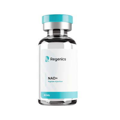 A vial of NAD+ therapy medication with a label listing its uses and dosage recommendations, isolated on a white background.