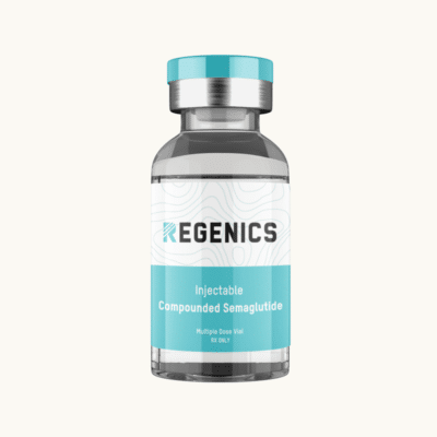 The product, a white and blue "Semaglutide" vial labeled "Regenics Injectable Compounded Semaglutide, Multiple Dose Vial, Rx Only," aids in weight loss and resembles Ozempic. However, the cost of semaglutide may differ.