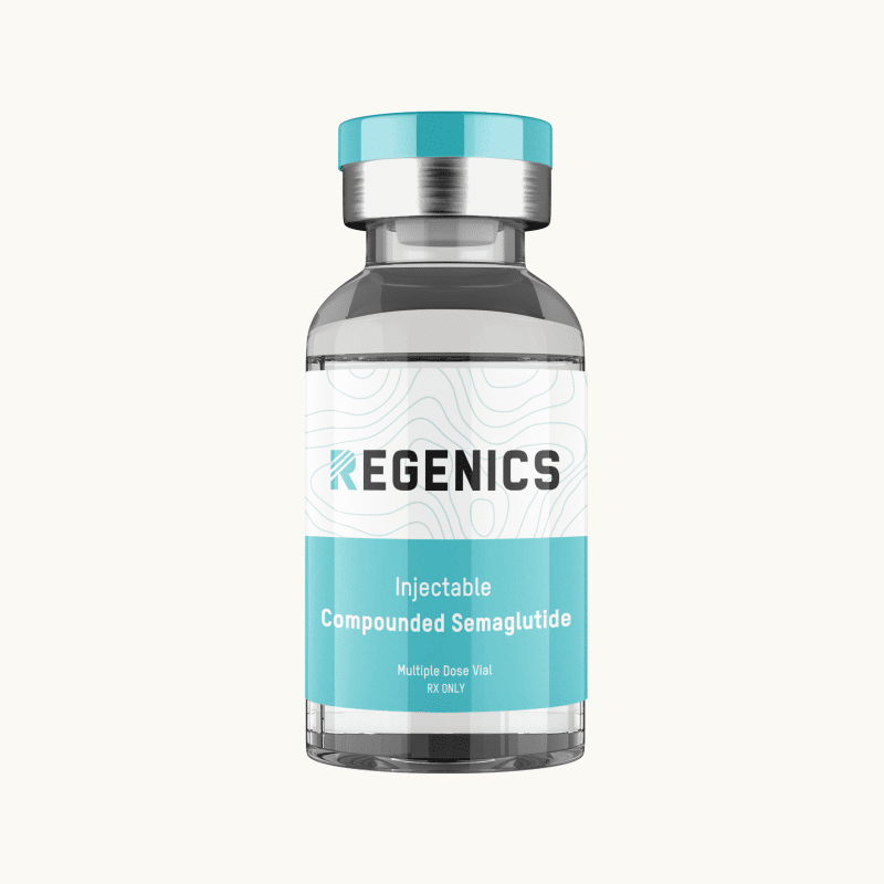 The product, a white and blue "Semaglutide" vial labeled "Regenics Injectable Compounded Semaglutide, Multiple Dose Vial, Rx Only," aids in weight loss and resembles Ozempic. However, the cost of semaglutide may differ.