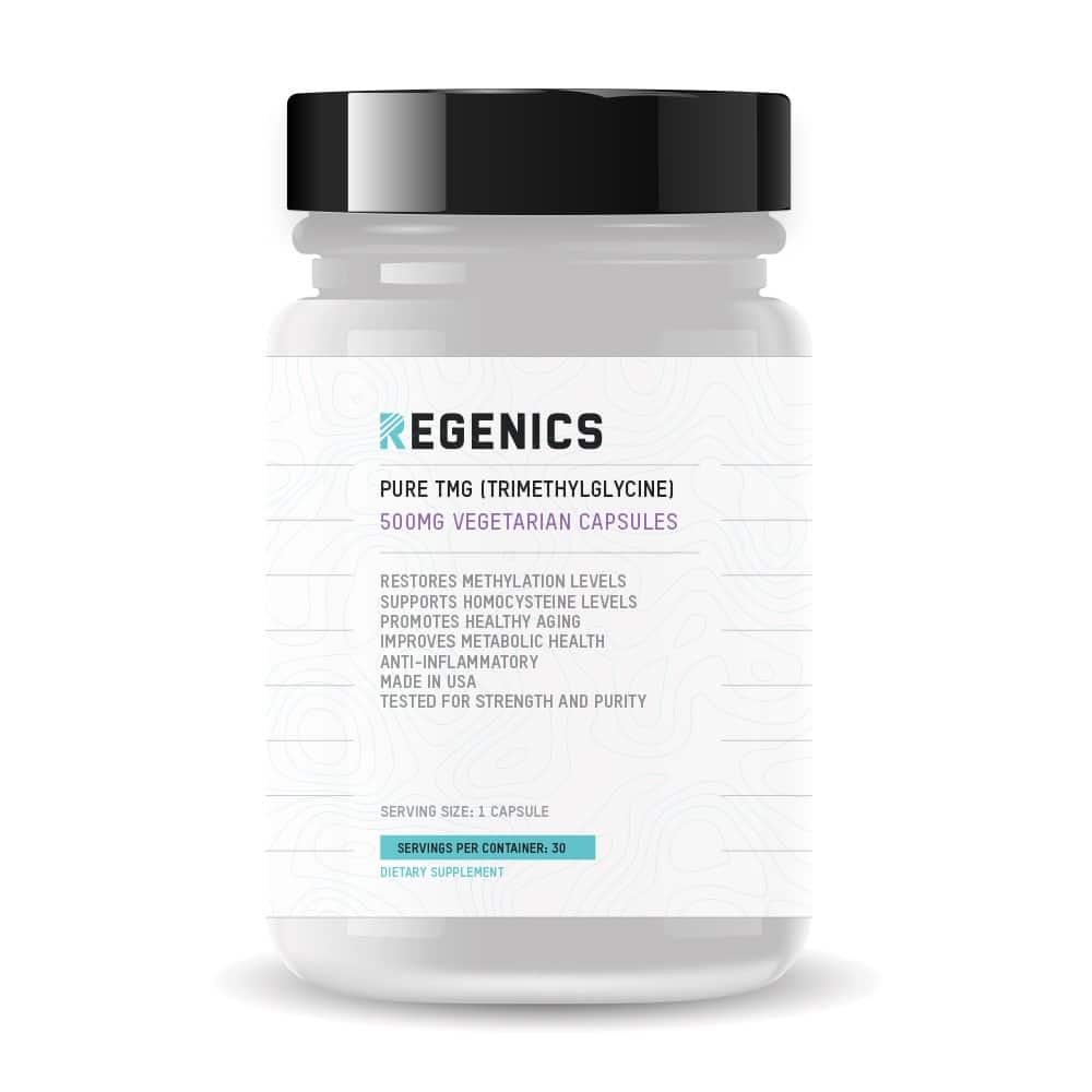 A jar of rgenics pure dietary supplement featuring the Benefits of Trimethylglycine on a white background.