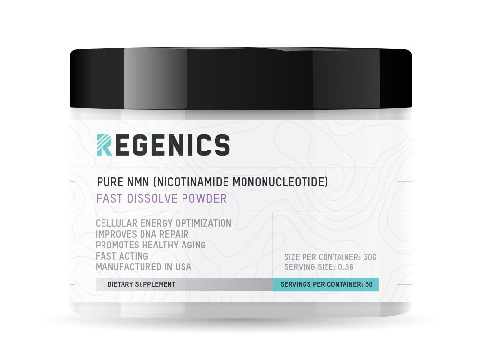 Tub of Regenics NMN (nicotinamide mononucleatide) fast dissolving powder for anti-aging, cellular energy optimization, and improved DNA repair.