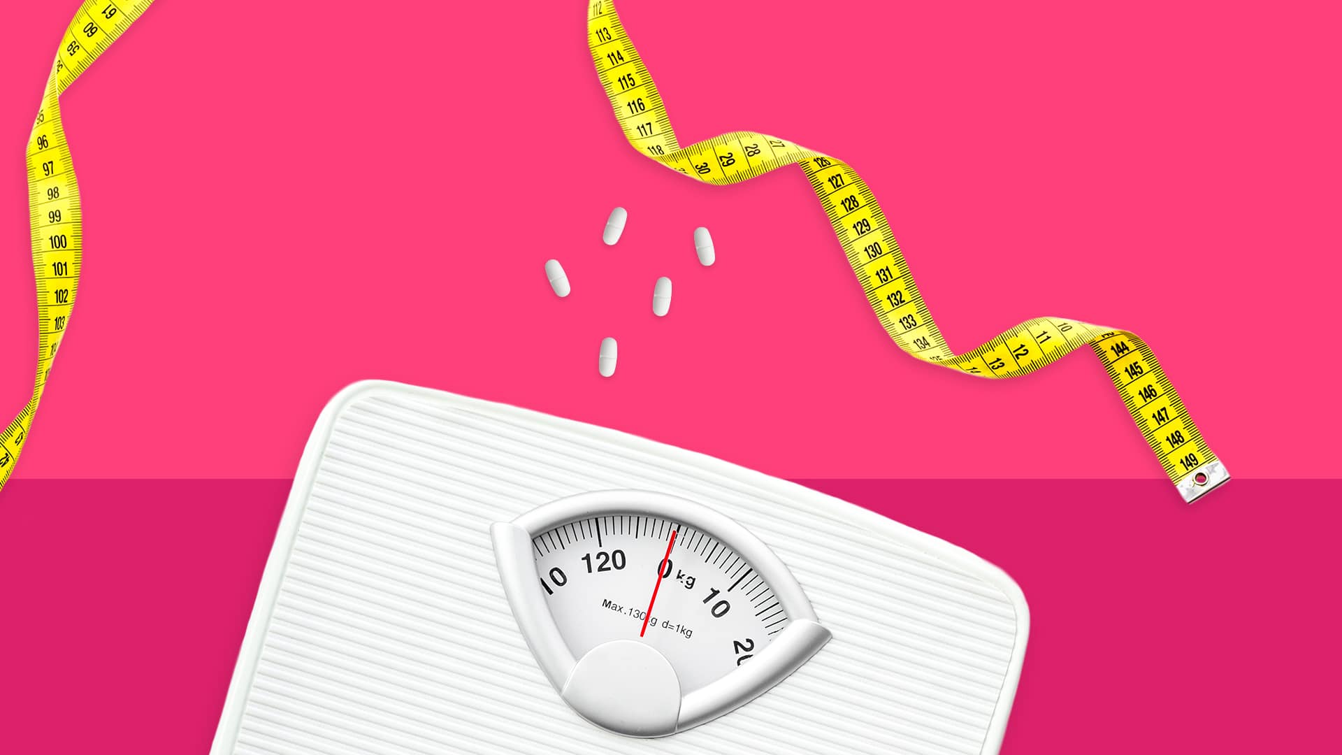 A pink background featuring a weight scale and a measuring tape, along with an informative section about "What is Phentermine?