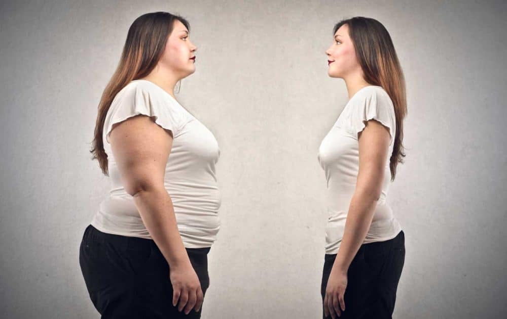 A woman looking at herself before and after weight loss while wondering "What is Phentermine?