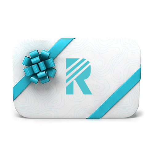 A blue gift card with the letter r on it.