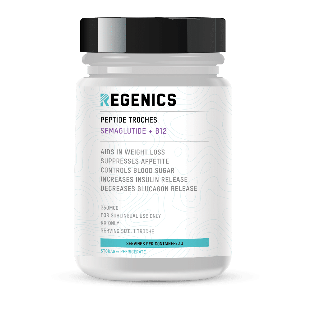 A Regenics bottle of 30 Semaglutide oral troches for weight loss.