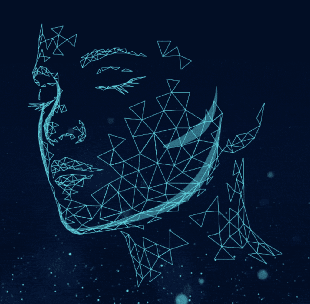 A woman's face with a blue background and triangles.
