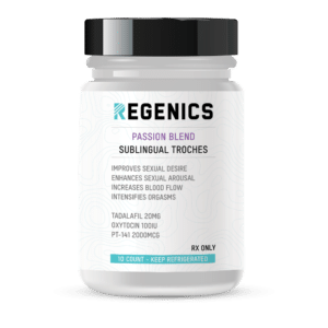 A bottle of Regenics Passion Blend sublingual trichomes with 20mg dosage.
