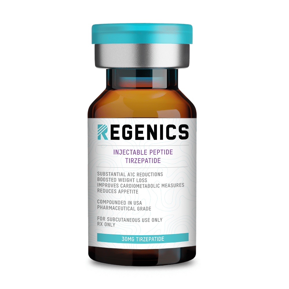 A bottle of regenics medication specifically for patient use, containing 30mg of tirzepatide.