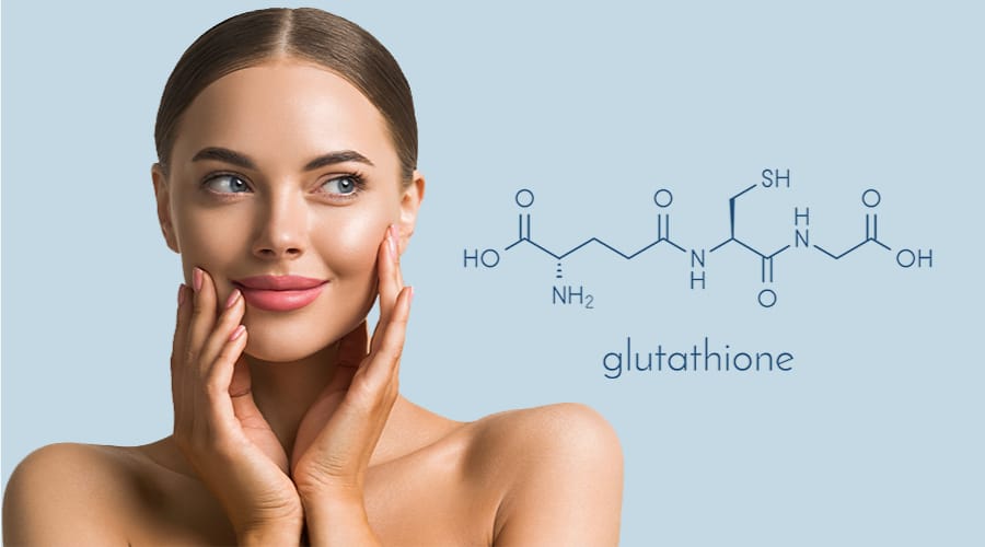 A woman's face highlighted by the presence of the glutathione molecule.