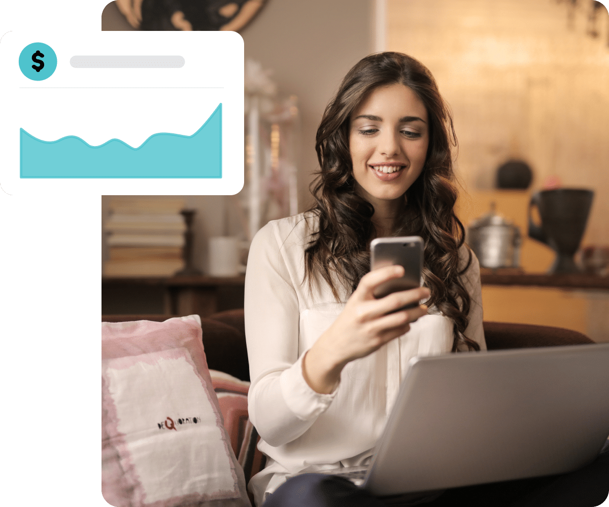 A woman sitting on a couch with a laptop and a graph, promoting our Affiliate Program.