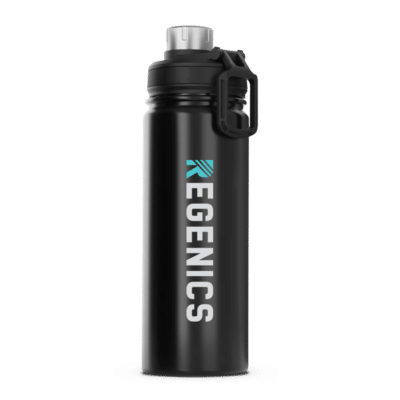 A 19 oz black water bottle with the word Regenics on it