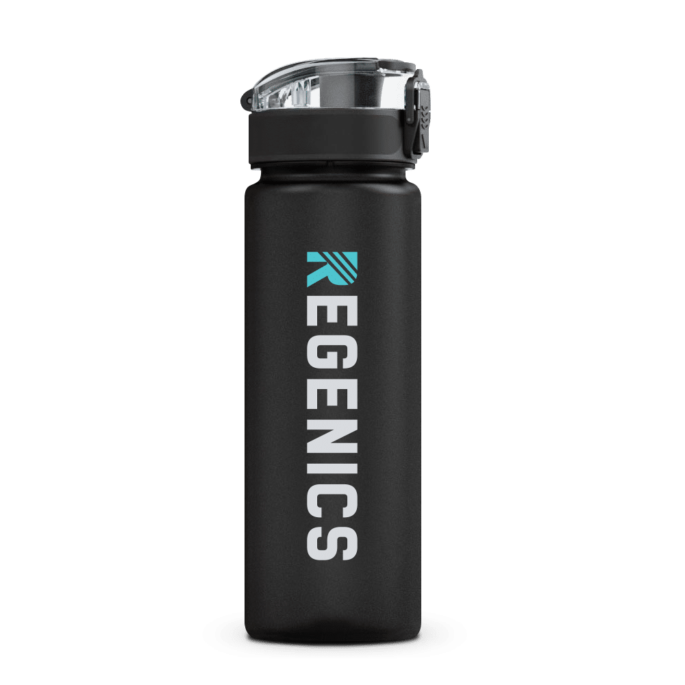 A 25 oz black water bottle with the word Regenics on it