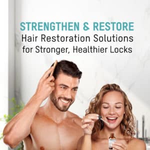 A man and a woman smiling while applying REGENICS hair care treatments with the text "strengthen & restore - hair restoration solutions for stronger, healthier locks.