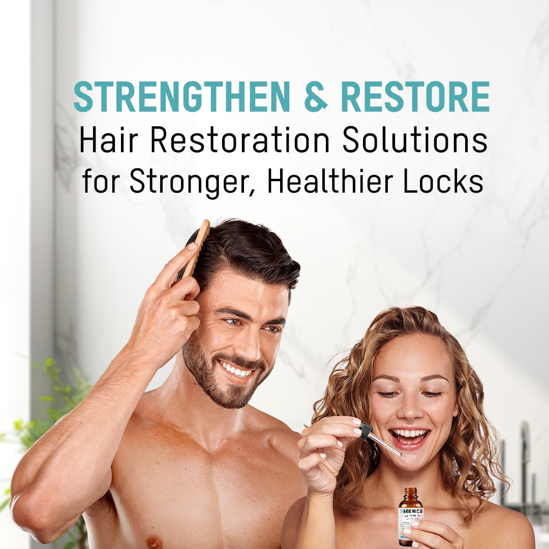 A man and a woman smiling while applying REGENICS hair care treatments with the text "strengthen & restore - hair restoration solutions for stronger, healthier locks.