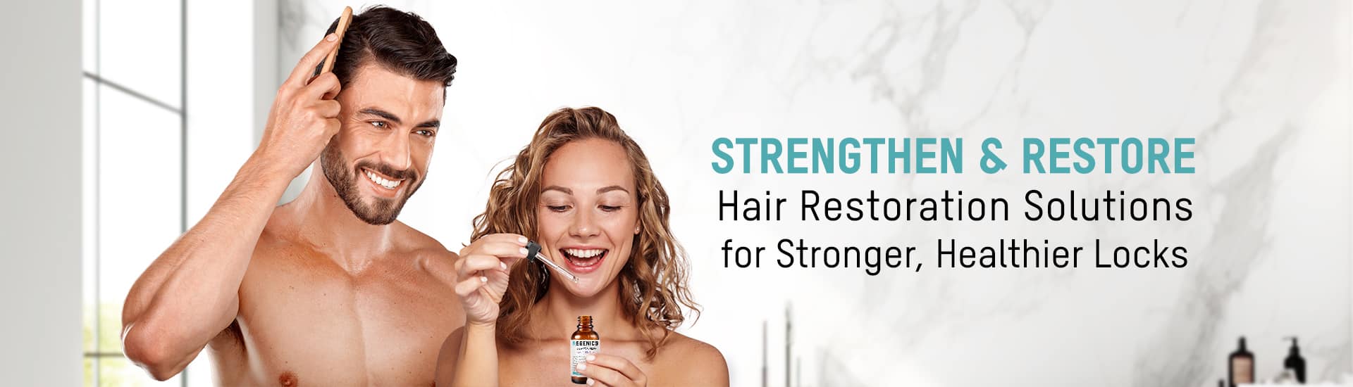A smiling man and woman promoting REGENICS hair restoration products for stronger, healthier hair.