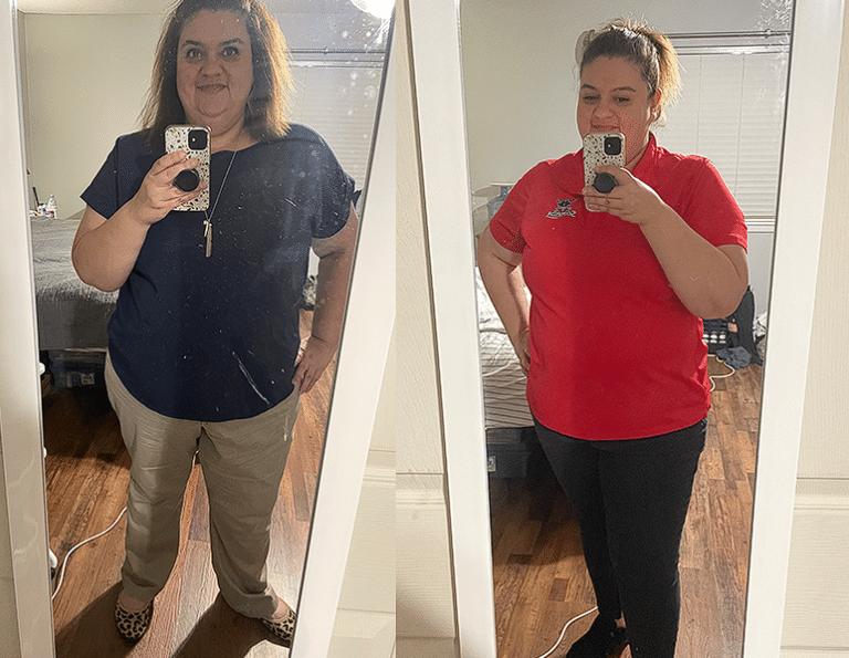 Before and after comparison of a woman's weight loss, as shown in two mirror selfies.