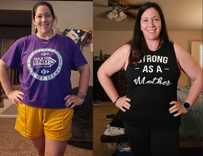 Before and after comparison of a woman, the left showing her in casual workout attire, the right showing her visibly pregnant in a black tank top with the text "strong as a mother.