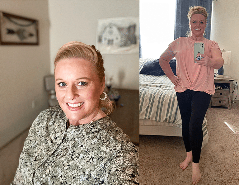 A split image of a woman taking a selfie in two different outfits, one being a patterned top and the other a pink shirt with black leggings, in a bedroom setting.