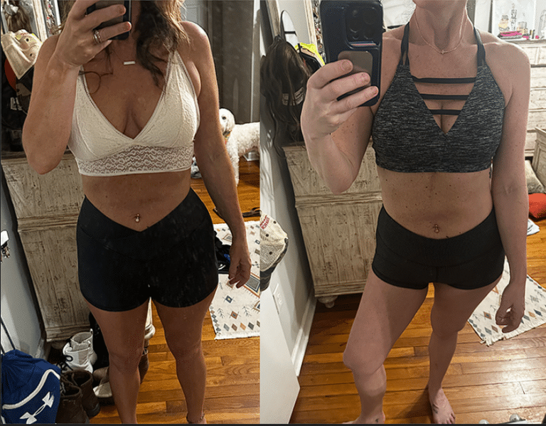 Before and after fitness transformation of a woman taking a selfie in a mirror.