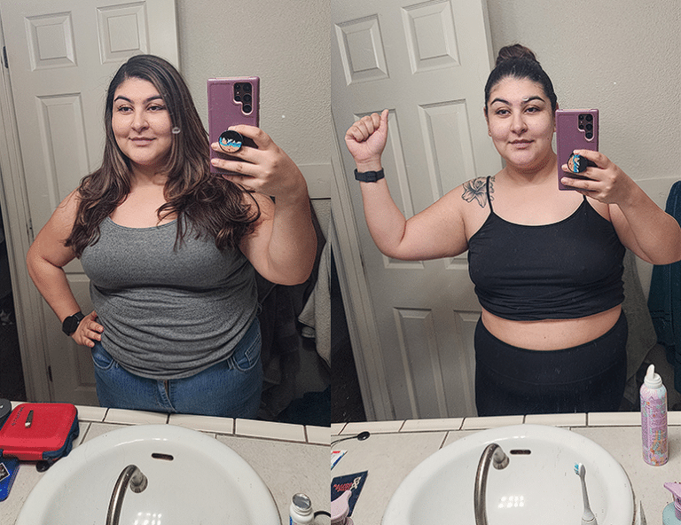 Before and after fitness progress of a woman taking a selfie in a mirror.