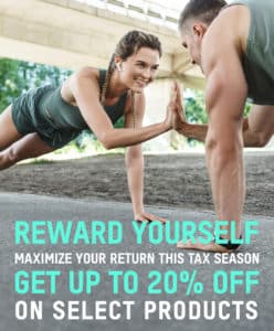 Two people doing push-ups face each other, smiling and high-fiving, under a bridge with a promotional WordPress plugin for a seasonal discount offer on products.