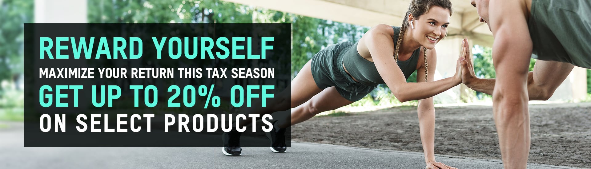 Advertisement banner created with Elementor, showing two women exercising outdoors with a text overlay offering up to 20% off on select products.