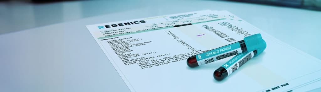 Blood sample collection vials with a patient form for processing in a medical lab printed with the label "regenics.