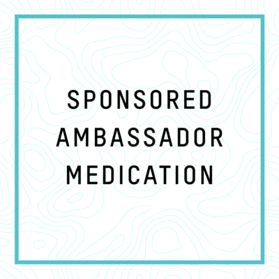 Text in a blue-bordered square reads, "Sponsored Ambassador Medications," with a wavy, abstract line background.