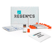 A collection of medical items including syringes, a bottle with liquid, adhesive patches, a booklet, and a box labeled "Regenics." Book a consultation to learn more about how these products can support your health needs.