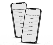 Two smartphones display screens showing a schedule with times and a weight loss goal questionnaire with weight ranges, alongside details of compounded Tirzepatide medication to aid in achieving those goals.